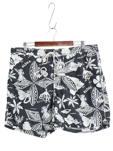 90s ポロ ラルフローレン 総柄 ショートパンツ メンズ XL オールド ナイロン アロハ ハワイアン スイム ショーツ 短パン 水陸両用 ブラック
