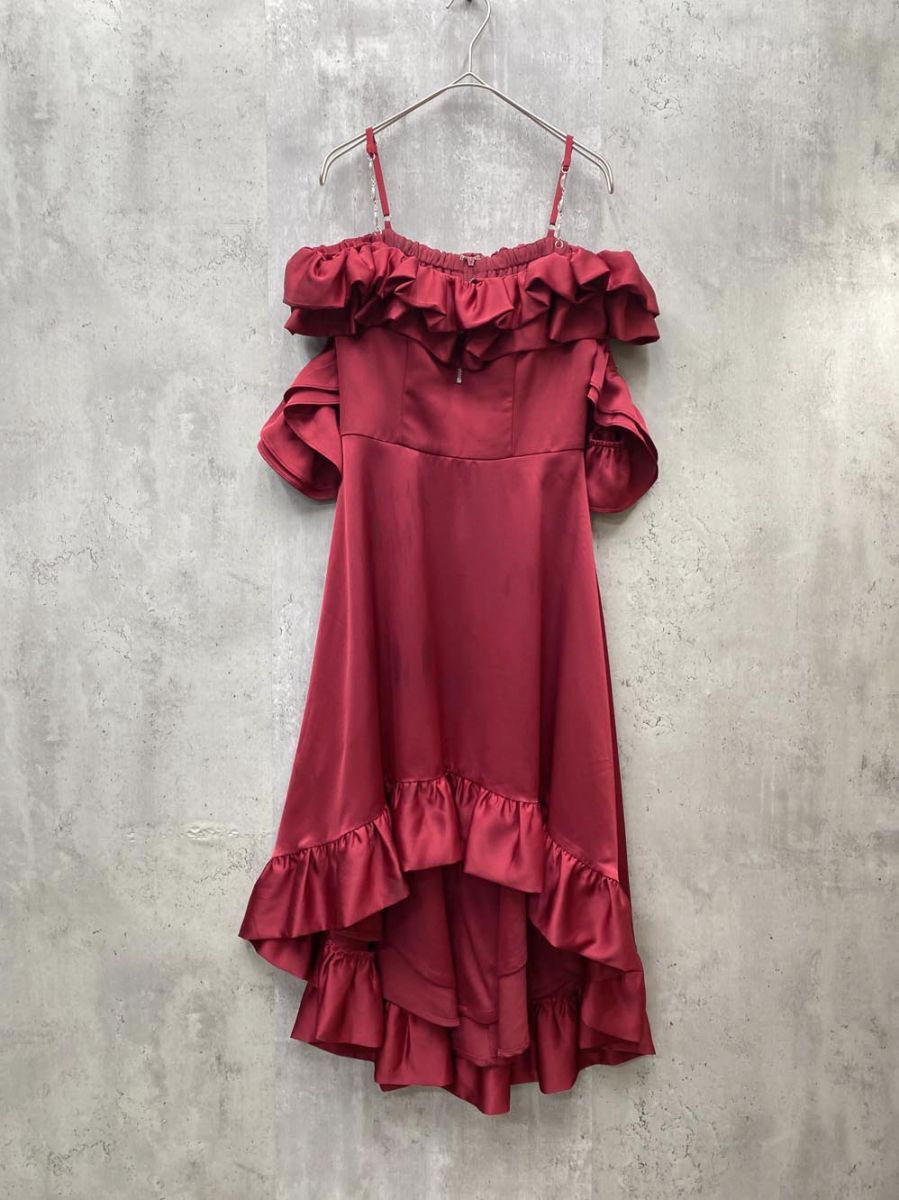 Andy アンディ オフショル バストジップ フリル ビジューストラップ フィッシュテール ミディ キャバドレス ワンピース sizeS/赤 ■■◎レディース