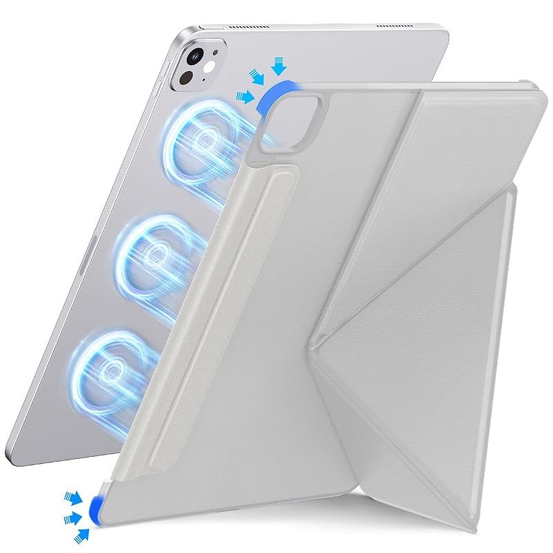 【新品】 【縦置き対応・磁気吸着】iPad Pro 13インチ ケース M5（2025）/ M4（2024）対応 三横置き・縦置き対応 三角スタンド 超薄型・軽量 安定設計 折りたたみ式 角度調整可能 全面保護 耐衝撃 ペン収納 オートスリープ対応 (ライトグ