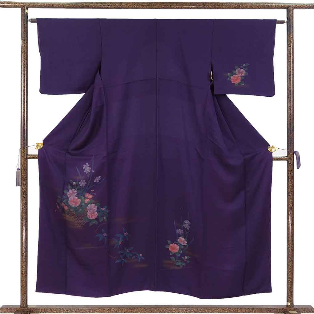 訪問着 身丈152cm 裄63.5cm 前幅24cm 後幅28.5cm 袖丈43cm 袖幅32.5cm レディース 胴抜裾八掛 花柄 裄Mサイズ 秋冬春用 正絹（シルク）パープル やや難 リメイク リユース リサイクル【呉服のきくや】
