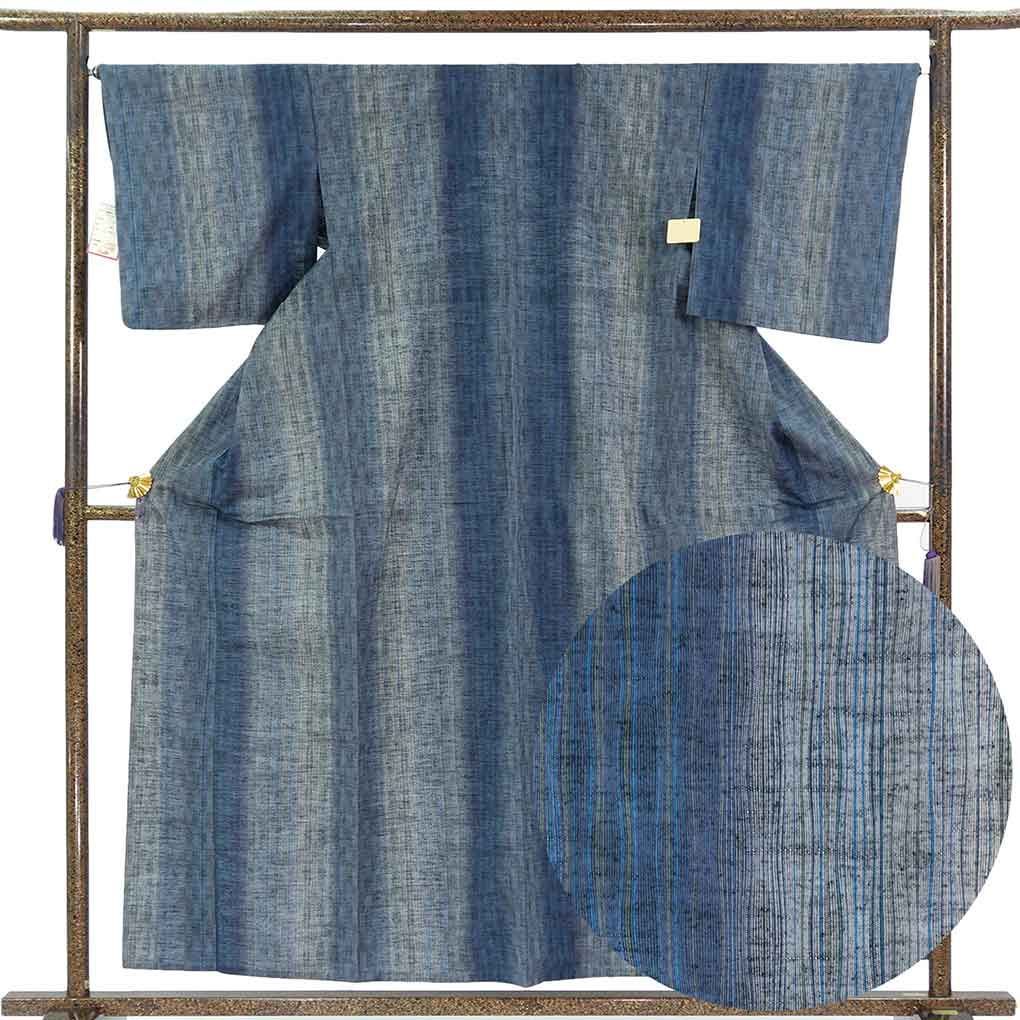 紬 身丈159cm 裄67cm 前幅24cm 後幅31cm 袖丈48cm 袖幅34cm レディース 単衣 縦ぼかし 裄長 裄Lサイズ 初夏・初秋用 正絹（シルク）ネイビー 美品 リメイク リユース リサイクル【呉服のきくや】 10,224円