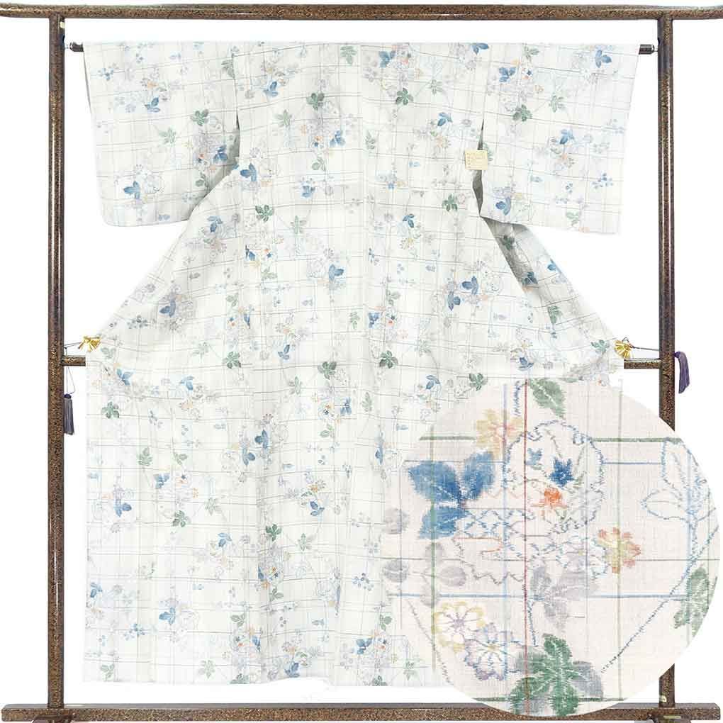 紬 身丈156cm 裄64cm 前幅25.5cm 後幅29.5cm 袖丈47cm 袖幅33cm レディース 単衣 花柄 裄Mサイズ 初夏・初秋用 正絹（シルク）グレー やや難 リメイク リユース リサイクル【呉服のきくや】