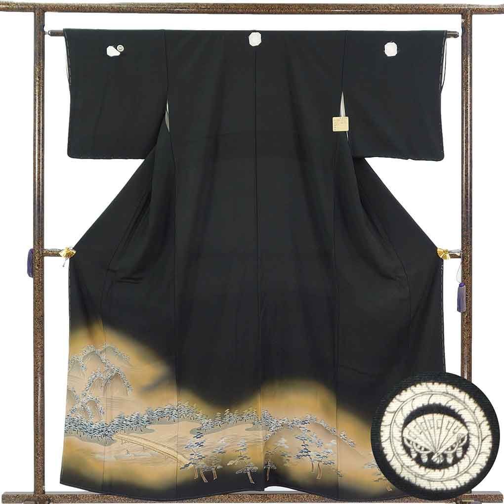 黒留袖 身丈160cm 裄63cm 前幅25cm 後幅31cm 袖丈45cm 袖幅33cm レディース 松林 裄Mサイズ 年中着用可 正絹（シルク）ブラック 未使用品 リメイク リユース リサイクル【呉服のきくや】