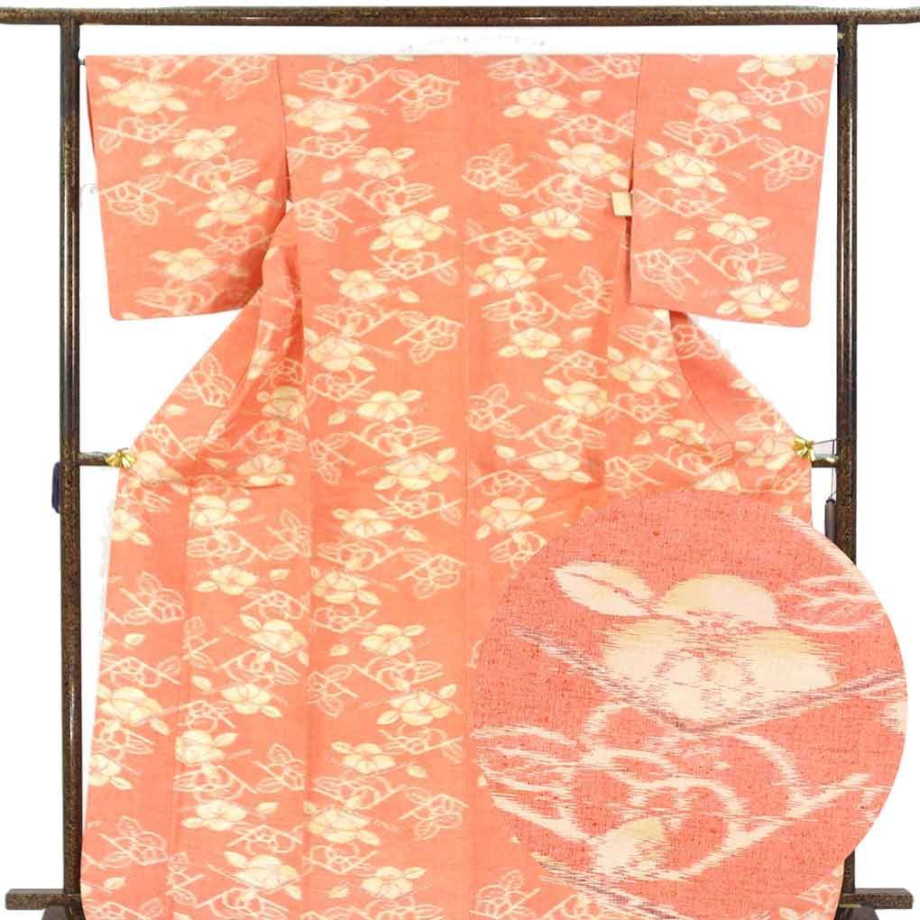 紬 身丈170cm 裄67cm 前幅25cm 後幅31.5cm 袖丈50.5cm 袖幅34cm レディース 単衣 花柄 裄長 裄Lサイズ 初夏・初秋用 正絹（シルク）ピンク トールサイズ 美品 リメイク リユース リサイクル【呉服のきくや】