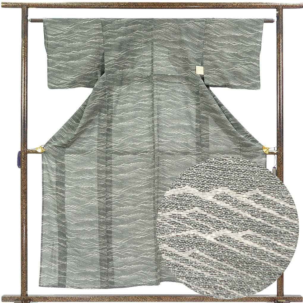 小紋 身丈157cm 裄62cm 前幅24cm 後幅29cm 袖丈43cm 袖幅31cm レディース 連続模様 裄Sサイズ 夏用 正絹（シルク）ブラック 美品 リメイク リユース リサイクル【呉服のきくや】