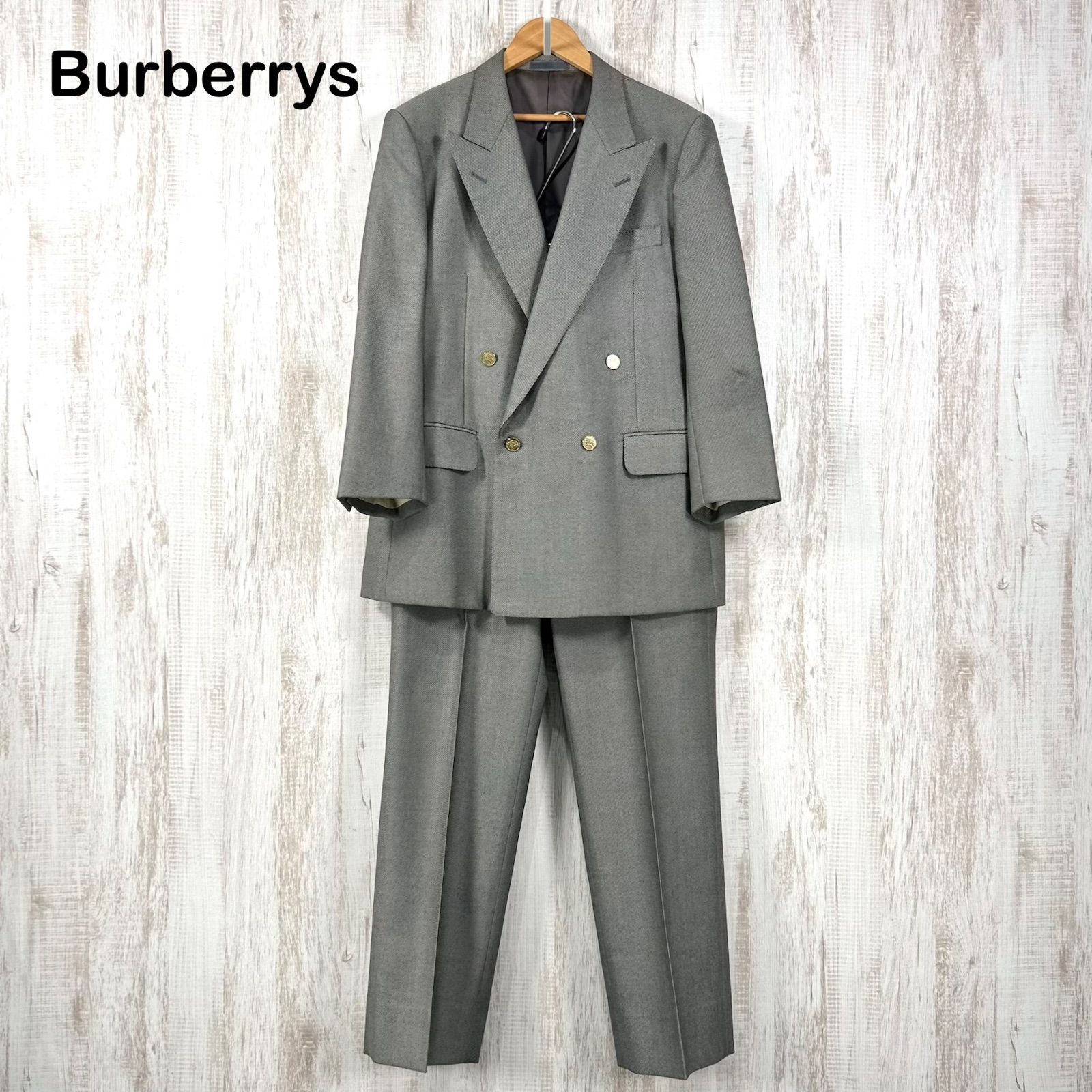 90s Burberrys ヴィンテージ バーバリーズ ホース金ボタン ダブルブレスト ウール パンツセットアップ グレー メンズスーツ