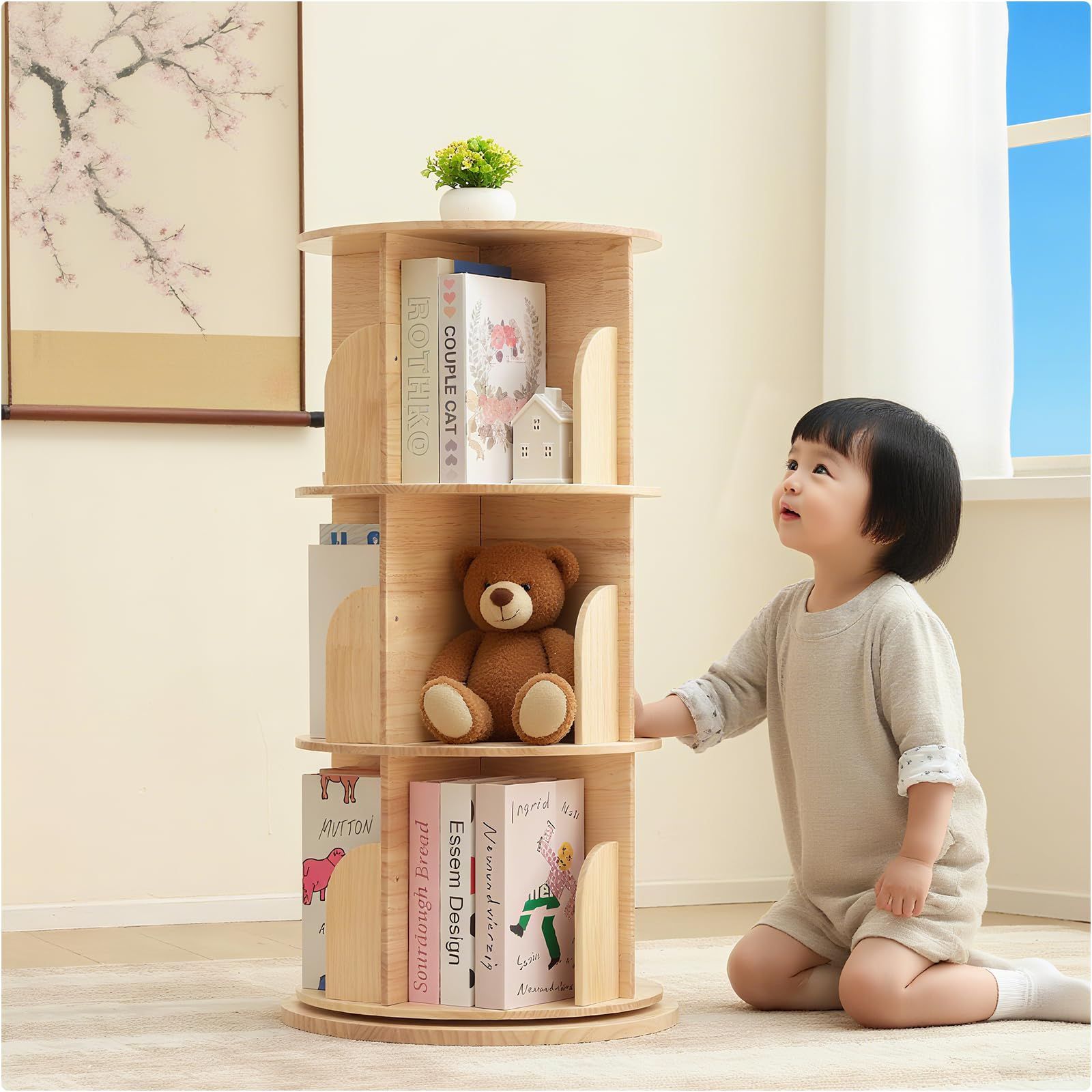 【特価】回転式 大容量 絵本棚 ブックシェルフ 子供 絵本ラック 漫画棚 収納棚 本棚 CDラック DVDラック 天板に物が置ける 異臭なし 組立簡単 転倒防止 日本語説明書付（天然木製 3 段、直径 40cm、高さ 98cm）