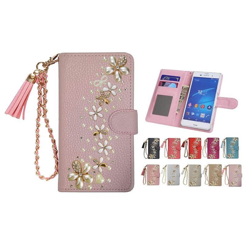 【新品】 【Salon de M】ケース i16 対応 手帳ケース スマホカバー ストーンカバー ストラップ 鏡付き ミラー ダイヤカバー PUレザー 携帯 おしゃれ 人気 花 小花 花柄 蝶 PUTZ-20-2-11 ライトピンク 0