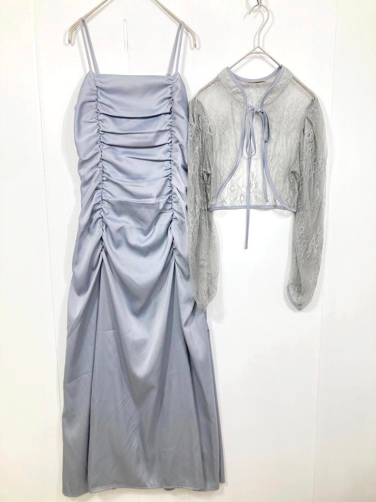 VIOLETTA ヴィオレッタ 光沢感 アンサンブル シャーリン ワンピース sizeM/ブルー ■■◎レディース
