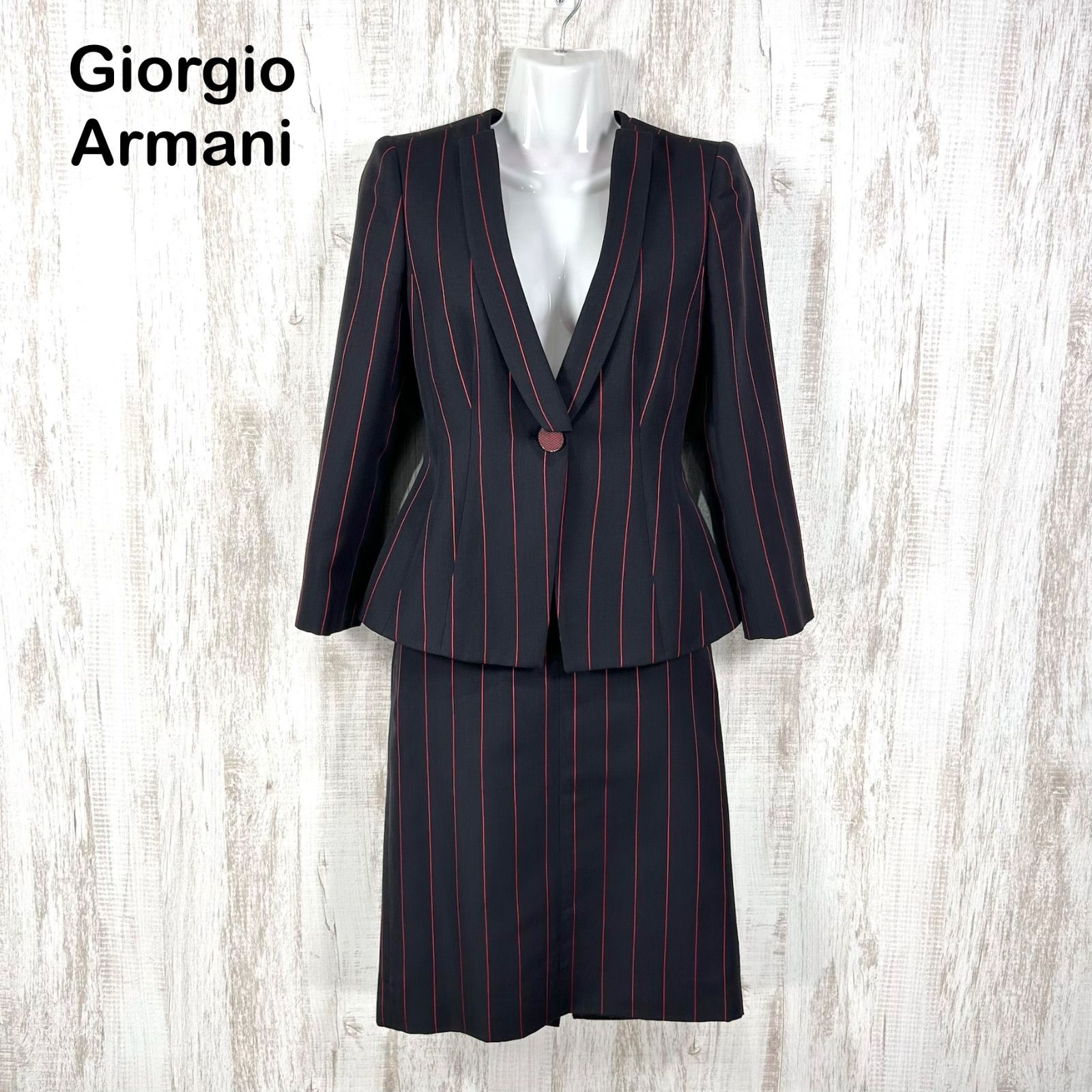 美品 Giorgio Armani ジョルジオアルマーニ ストライプ シルク スカートセットアップ ブラック ピンク