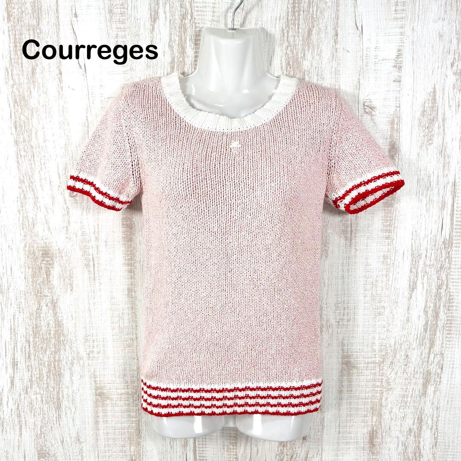 00s Courreges クレージュ ACロゴ刺繡 ローゲージ畦編みニット レッド