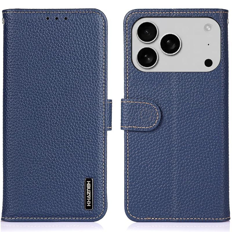 【新品】 17 Pro ケース 手帳型 本革 For 17プロ カバー 本革 財布型 シュリンクカーフレザー 高級本皮 ライチ柄 良い触り心地 サイドマグネット式 2枚カード収納 横置きスタンド機能 耐衝撃 XJUN ブルー
