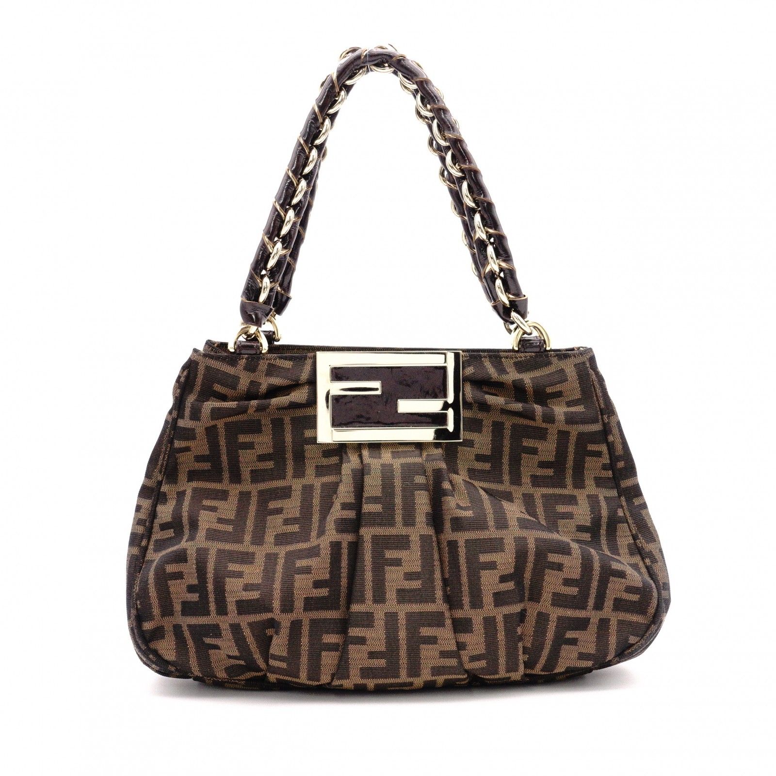 FENDI フェンディ ミアチェーンバッグ ズッカ トートバッグ キャンバス/レザー ブラウン系 ゴールド金具