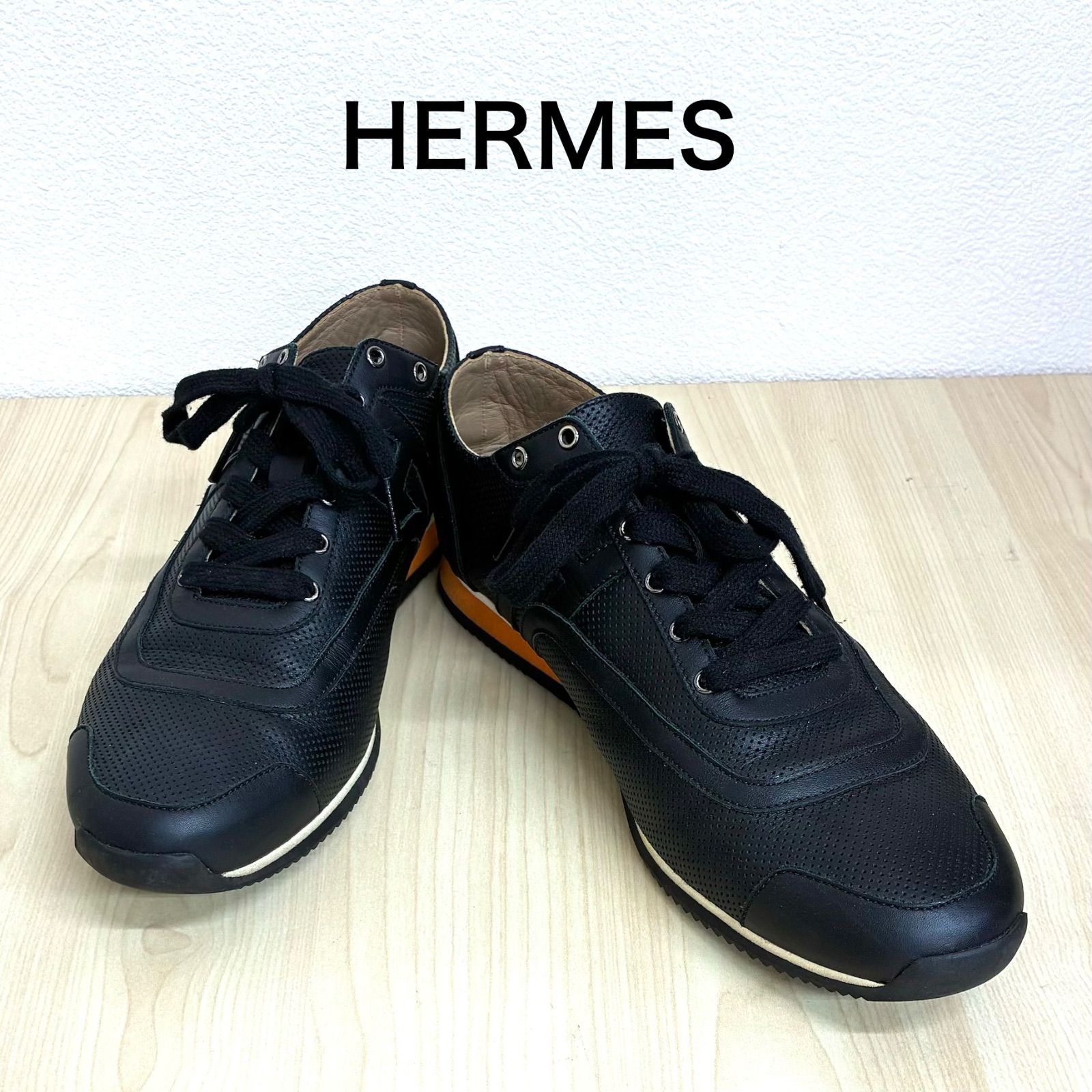 【エルメスHERMES】パンチングスニーカー 42 メンズ ブラック×オレンジ ⭐︎