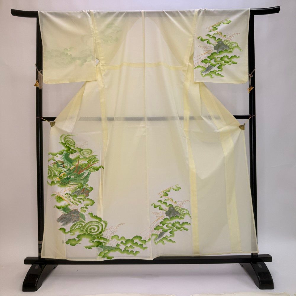 訪問着 付け下げ 絽 夏用 夏 洗える着物 礼装 ポリエステル 裄67cm L サイズ 黄緑 龍 5969
