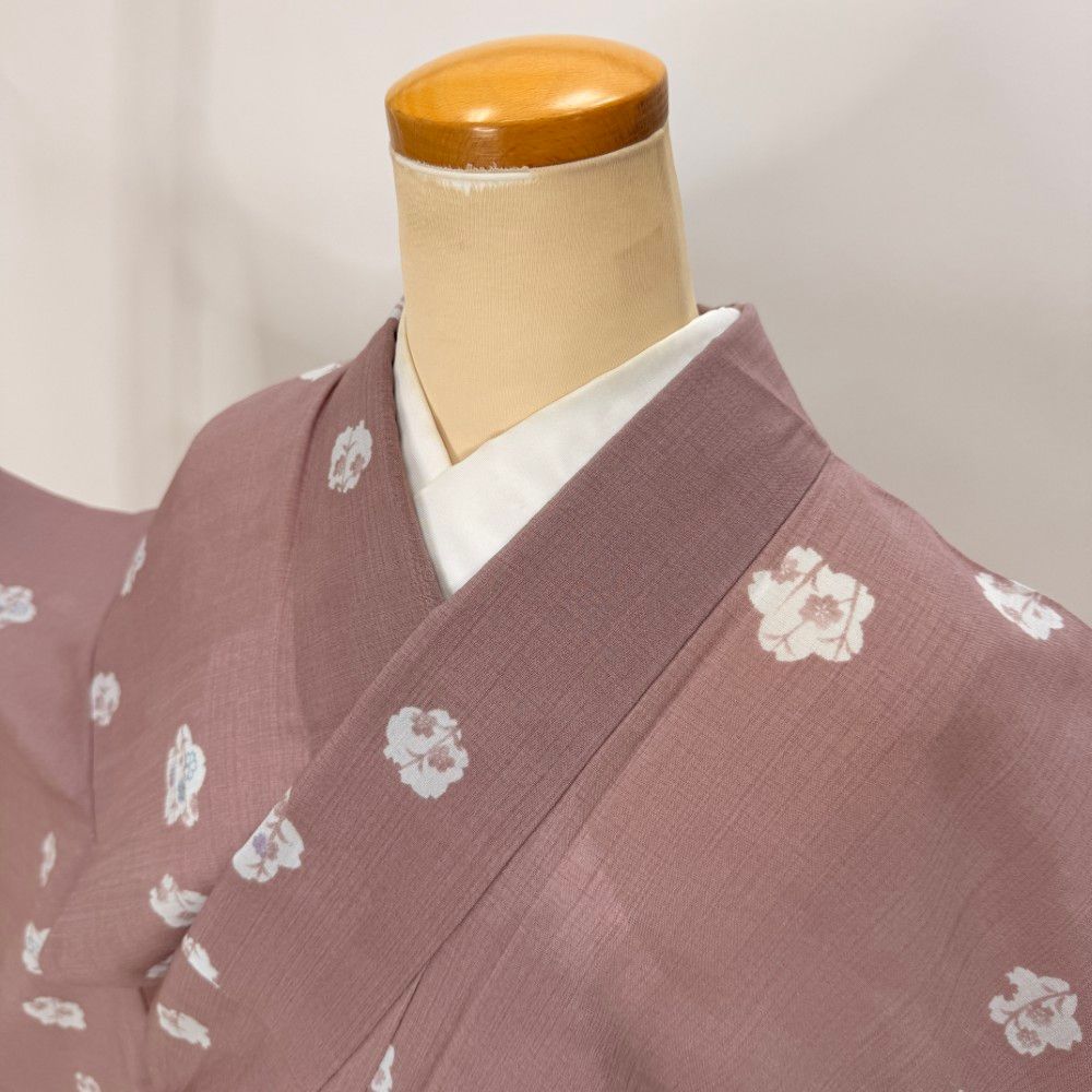 小紋 夏 紗 夏用 洗える着物 裄67cm 身丈166.5cm 花柄 お洒落着 普段着