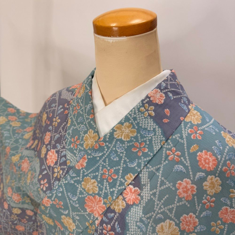 小紋 夏 絽 夏用 洗える着物 裄66.7cm 身丈162cm 花柄 お洒落着 普段着