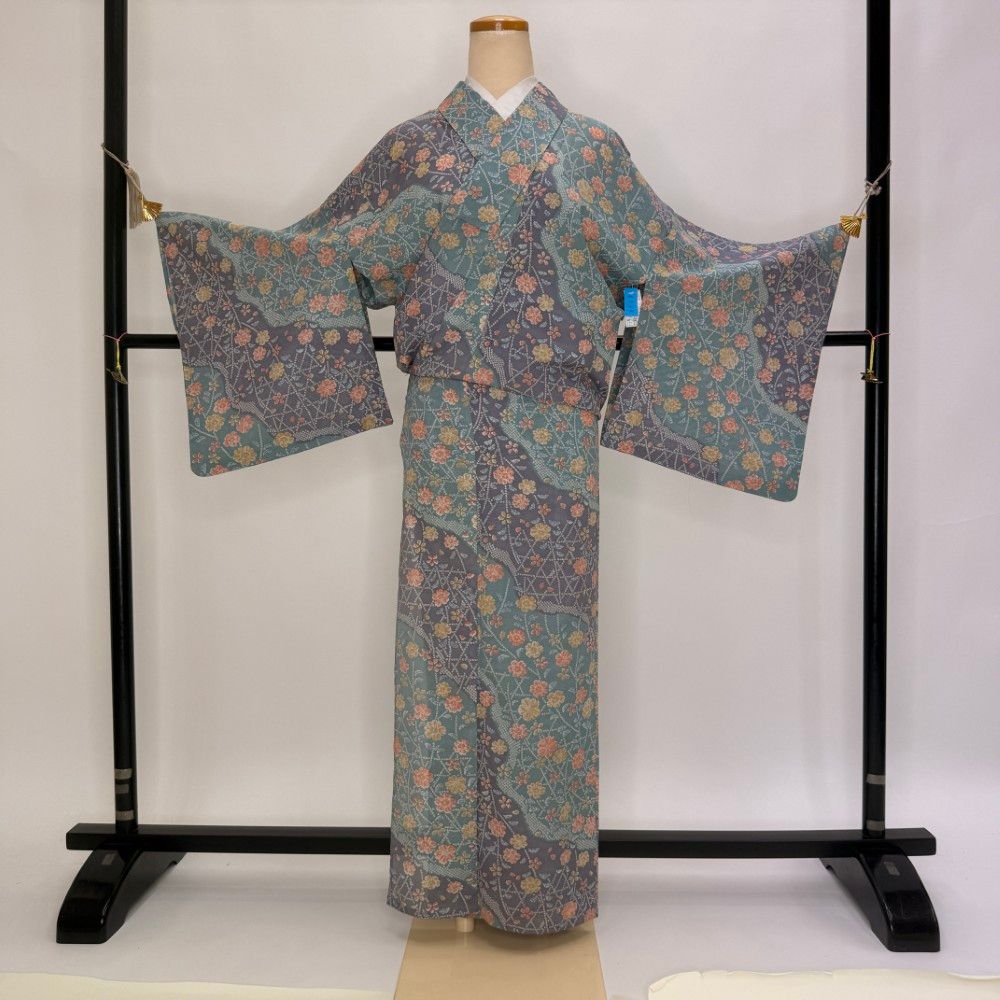 小紋 夏 絽 夏用 洗える着物 裄66.7cm 身丈162cm 花柄 お洒落着 普段着