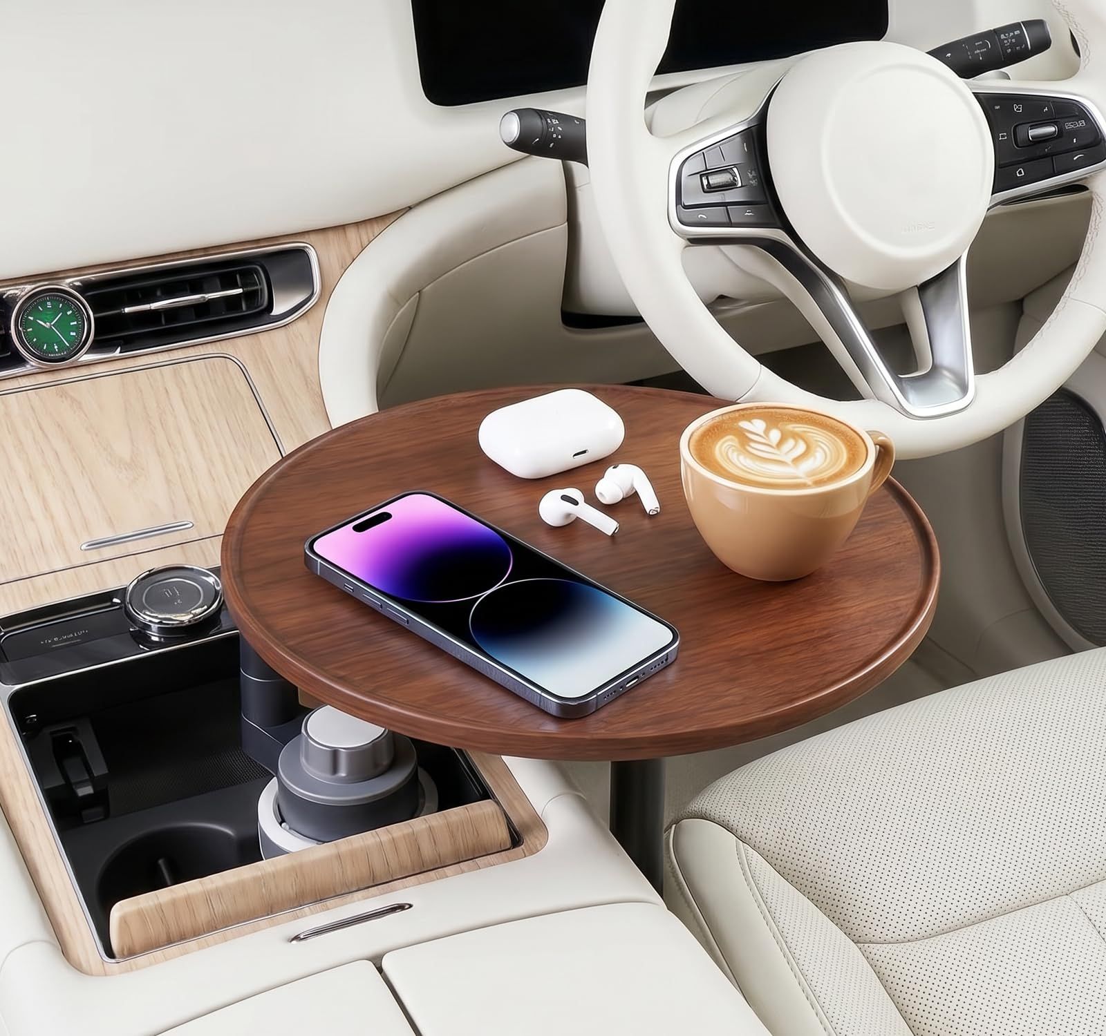 R★車載テーブル ドリンクホルダーに取付 【 車内食事・作業は楽々】 パソコンテーブル バーチ材+アルミニウム合金 360度回転可能 運転席・助手席兼用 高さ調整可能 安定 丈夫 簡単着脱 掃除が簡単 軽量 6.5cm延長パイプ付き 収納バッ 00879f11