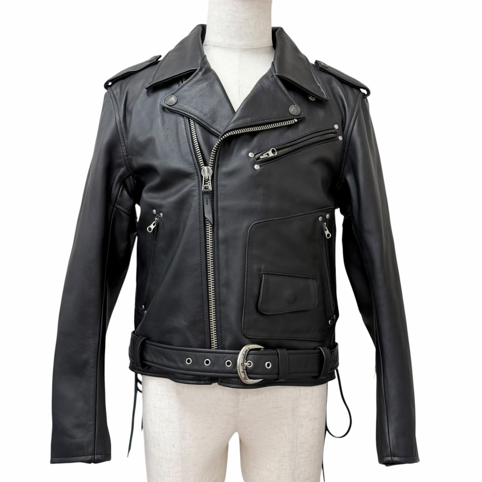 美品□HARLEY DAVIDSON ハーレーダビッドソン 3000048SM 牛革 中綿 ロゴボタン ダブルライダースジャケット ブラック L 正規品 メンズ
