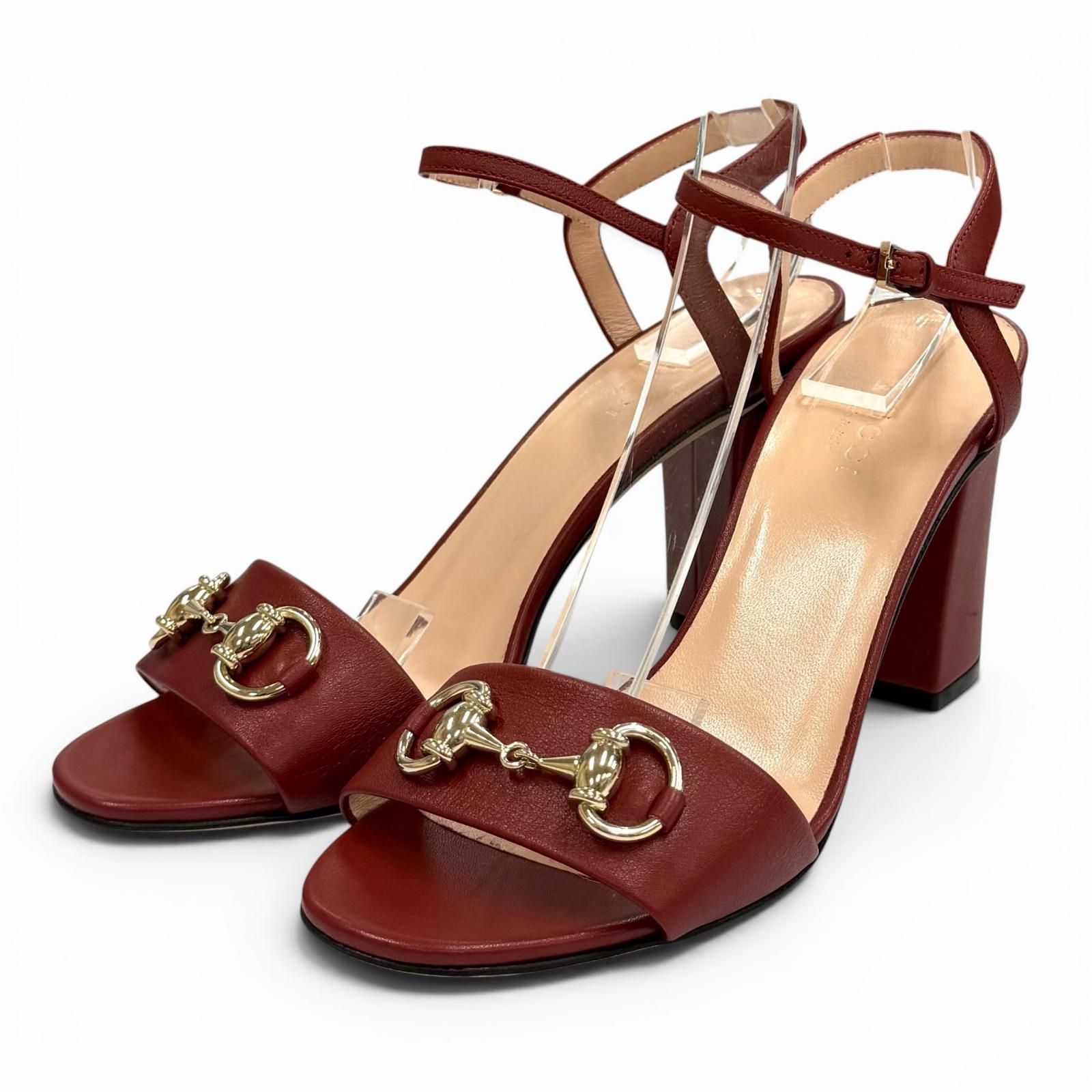 極美品★GUCCI グッチ ホースビット アンクルストラップ レザー サンダル ミュール ボルドー ゴールド金具 36 イタリア製 レディース