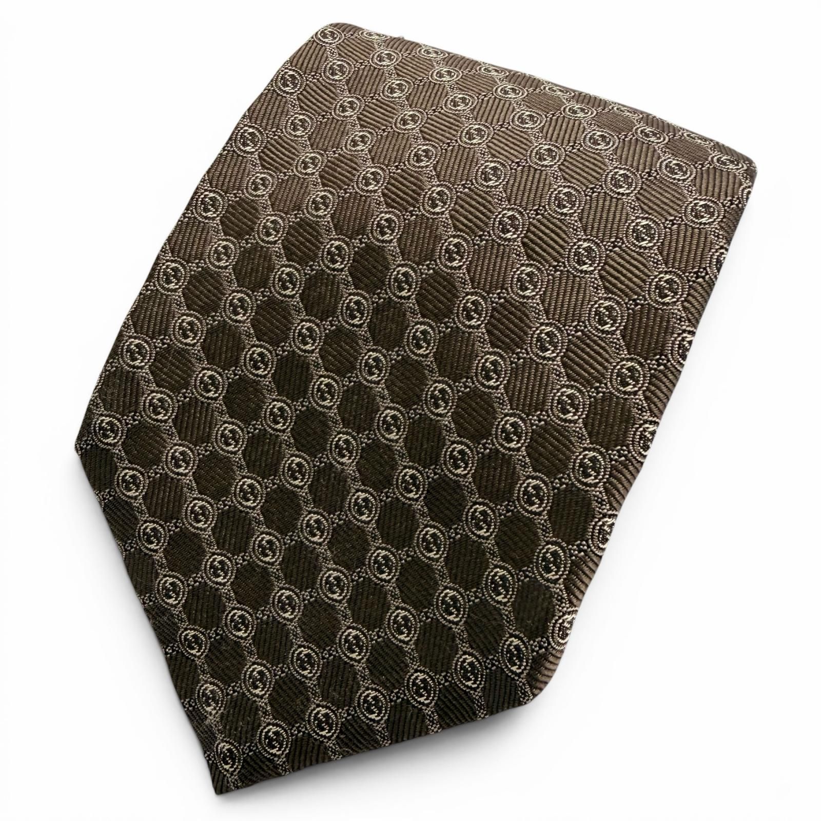 極美品△GUCCI グッチ シルク100％ インターロッキングG ジャガード 総柄 ネクタイ ダークブラウン 148×8cm イタリア製 正規品 メンズ
