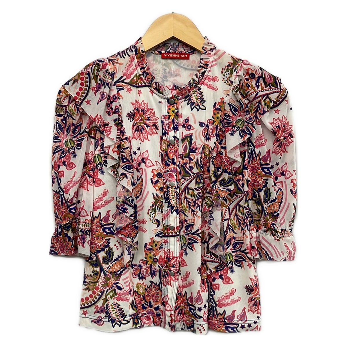 VIVIENNE TAM(ヴィヴィアンタム) 七分袖シャツブラウス サイズ38 M レディース美品 - 白×ピンク×マルチ 花柄/フリル