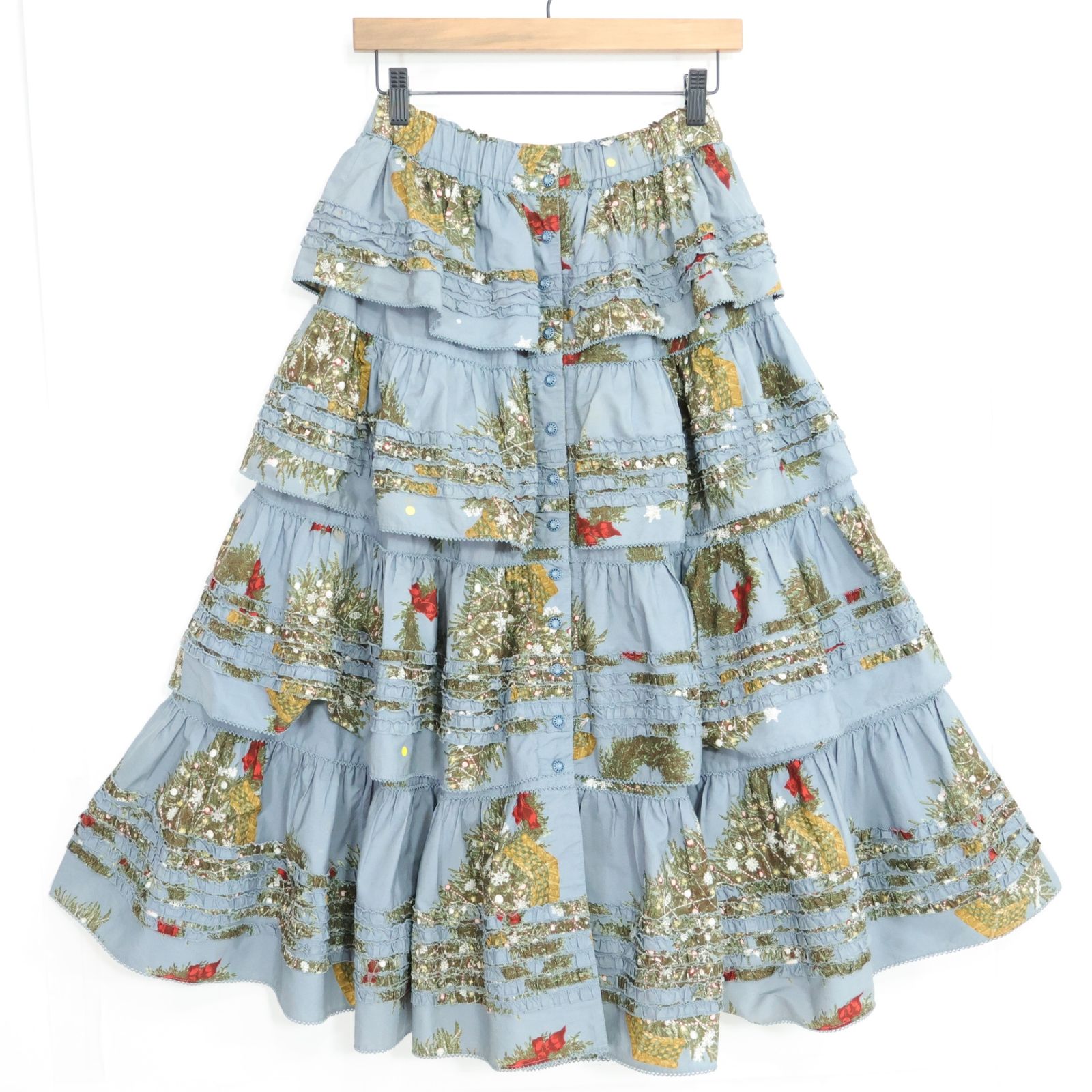 カネコイサオ★クリスマスツリー&リースpt♪かぶせ段々フリルのスカート ブルーグレー系 前開き リメイク品？薄手 z21269