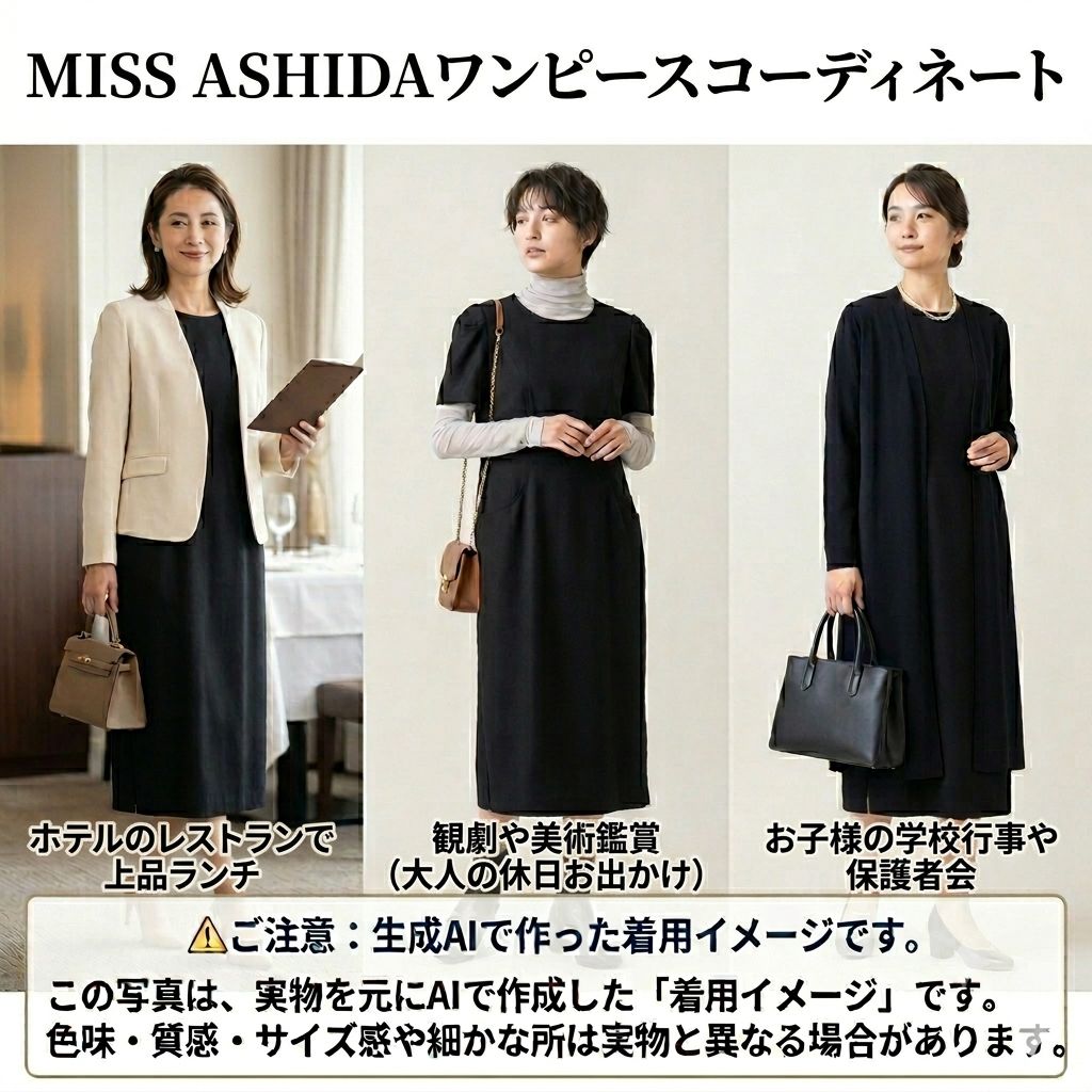 ［miss ashida］羽織り＆ノースリーブワンピース（M）黒　9号 品格ワンピース✨ miss ashida ミスアシダ 半袖ウールワンピース