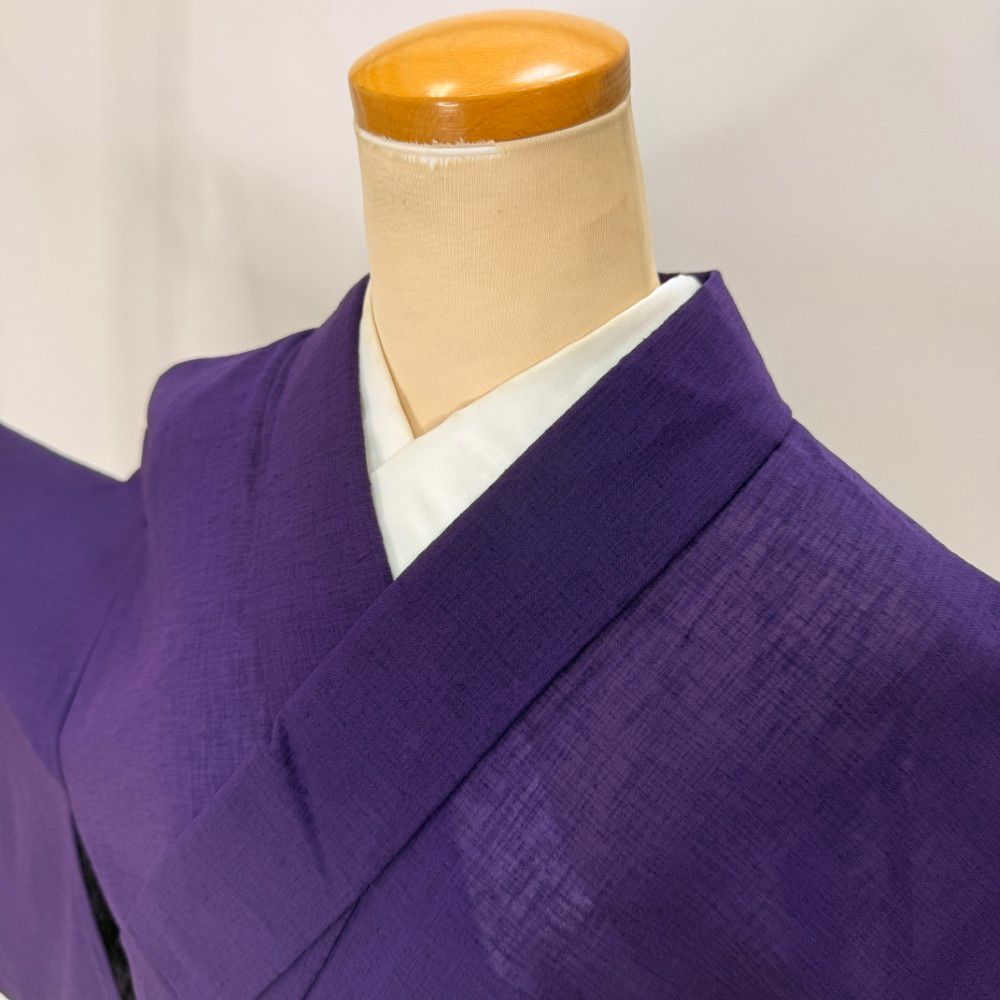 色無地 夏 紗 夏用 洗える着物 幅広 大きい 裄67.1cm お洒落着 普段着 礼装 ポリエステル 紫 美品 L サイズ 5983