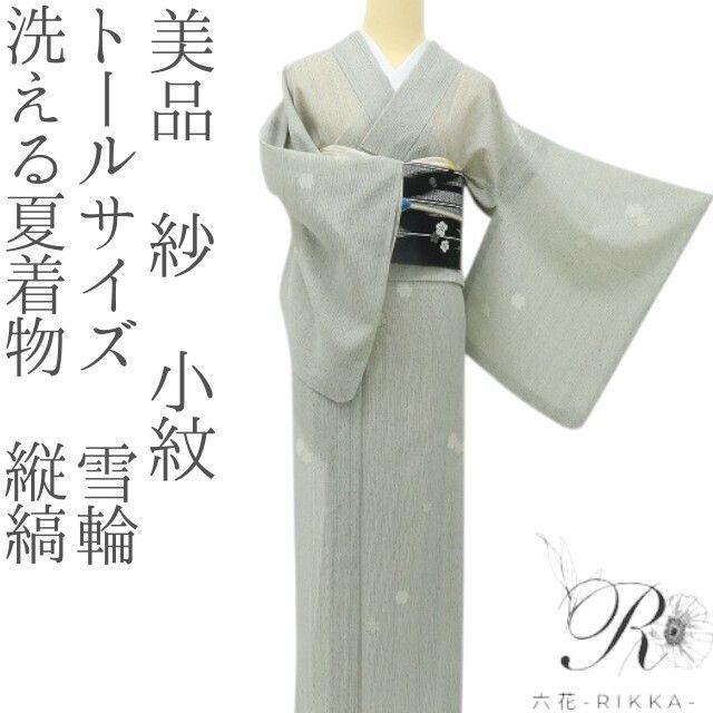 六花-RIKKA- 美品 洗える夏着物 縦縞 雪輪❀夏の盛りに涼を遊ぶ、縦縞×雪輪❀トールサイズ 紗 小紋 着物 A5495