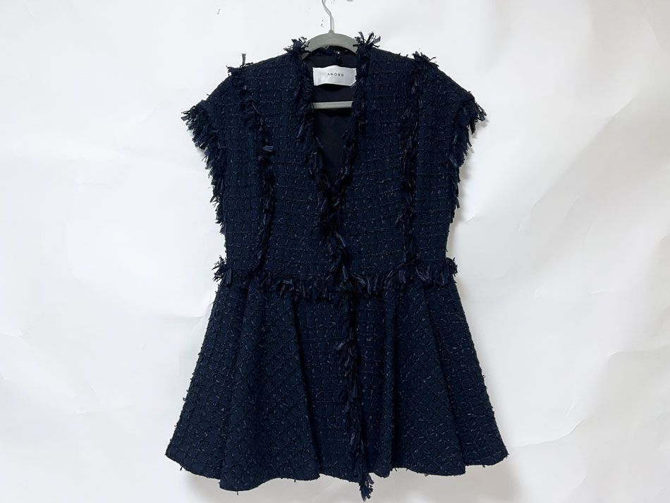 ADORE アドーア レディース コットンチェック ツィード ジレ ベスト ネイビー サイズ：38 531-5150201 美品
