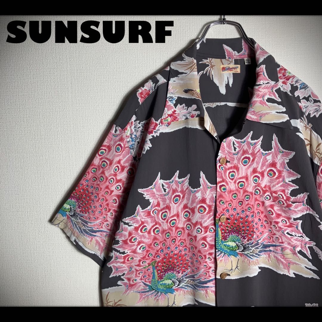 【極美品】SUNSURF アロハシャツ 半袖 孔雀 和柄 グレー XL