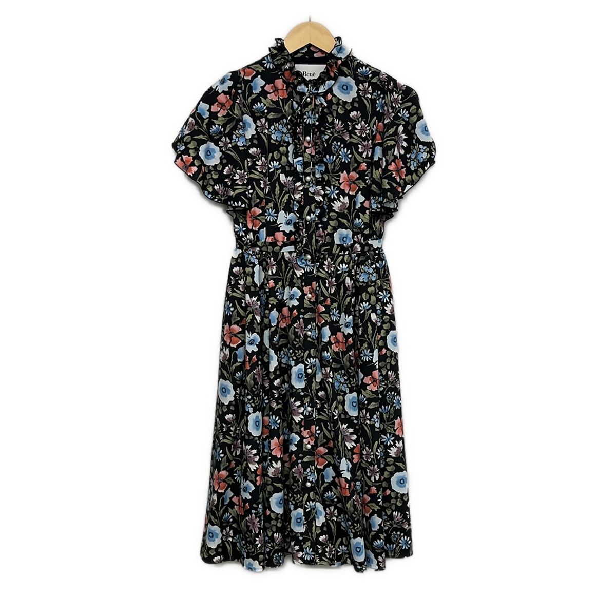 Rene(ルネ) ワンピース サイズ34 S レディース美品 - 黒×マルチ 半袖/ひざ丈/花柄/フリル