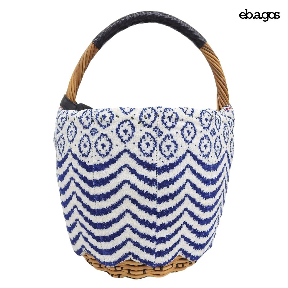 超美品 エバゴス ebagos シェニール織り バーキン型 カゴ バッグ 紅籐 リネンカバー ブルー 定価85800円 レディース