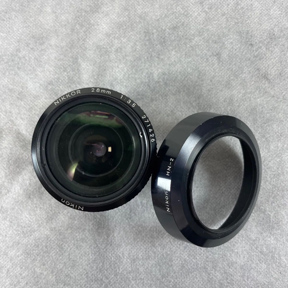 ○Nikon、28mm.1:3.5、271426、メンタルレンズフード(hn-2)