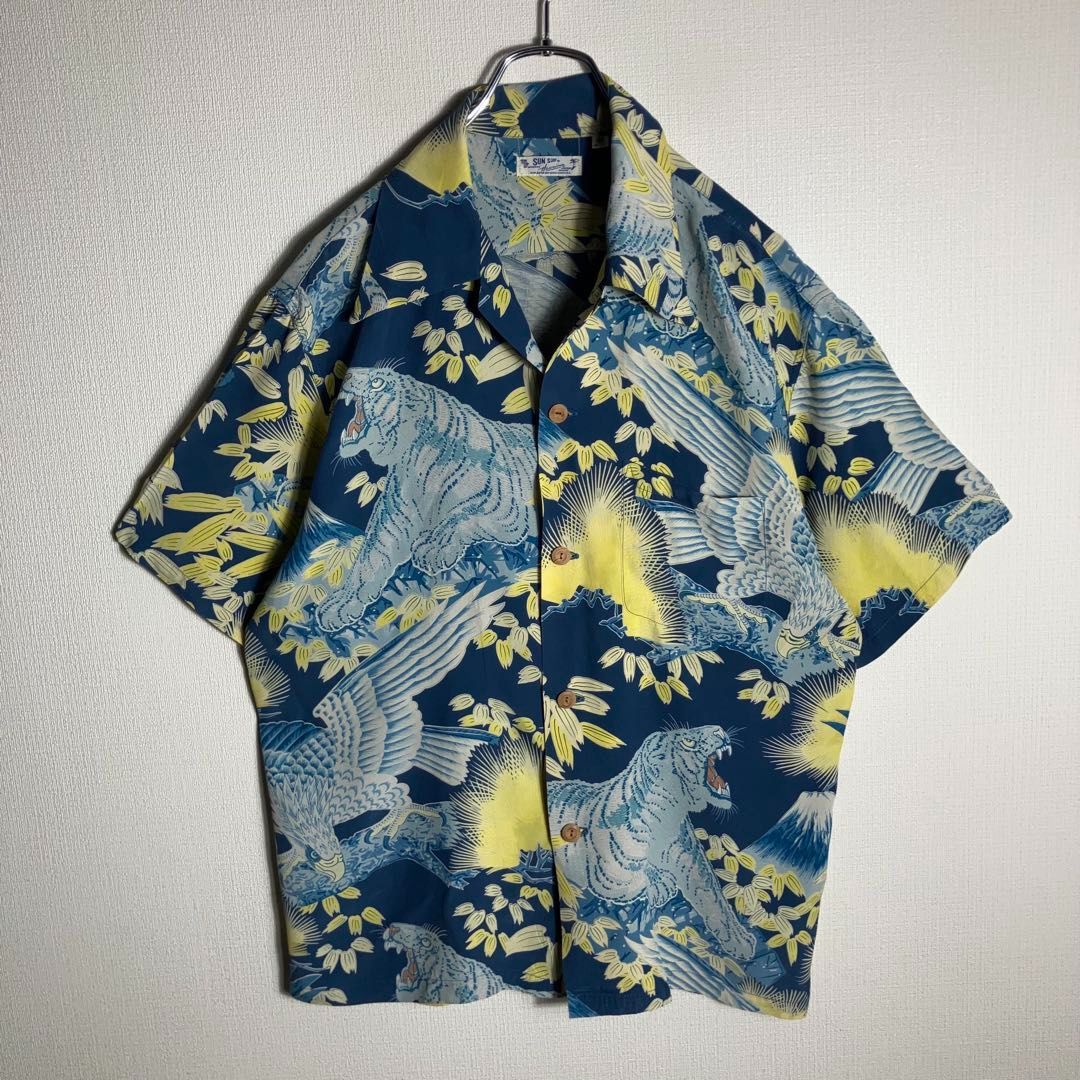 【美品】SUNSURF アロハシャツ 半袖 白虎 鷹 富士山 和柄 青 M
