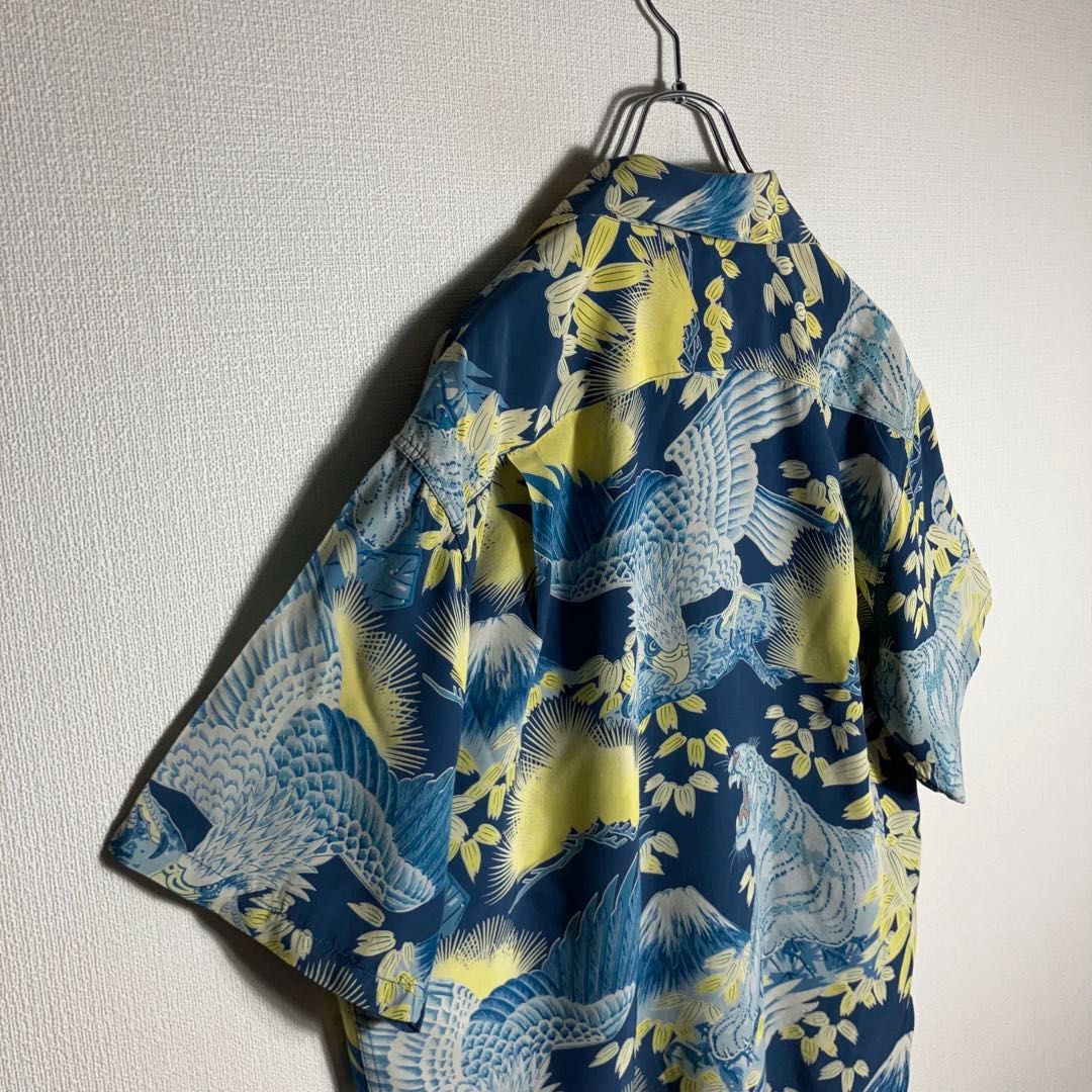 【美品】SUNSURF アロハシャツ 半袖 白虎 鷹 富士山 和柄 青 M