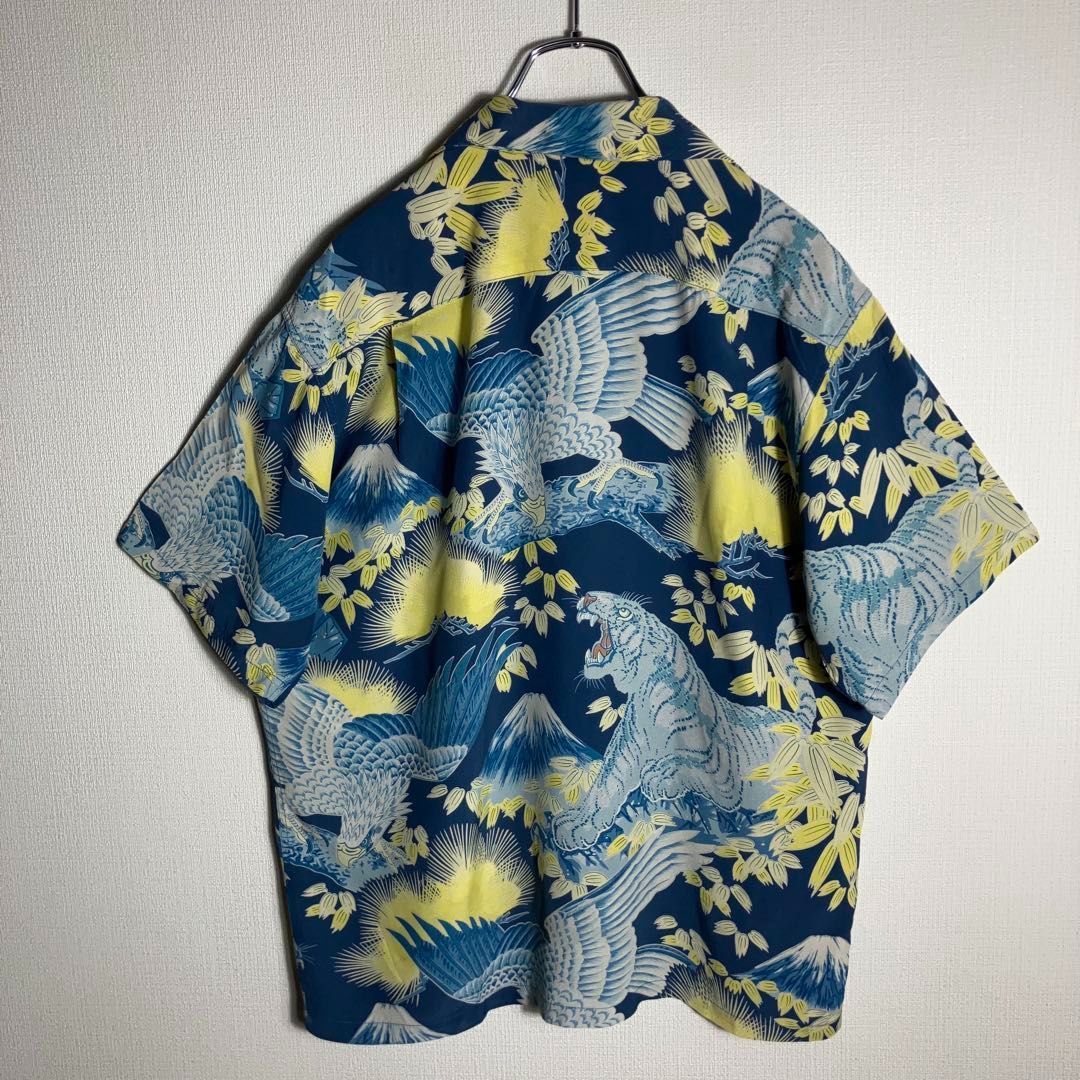 【美品】SUNSURF アロハシャツ 半袖 白虎 鷹 富士山 和柄 青 M