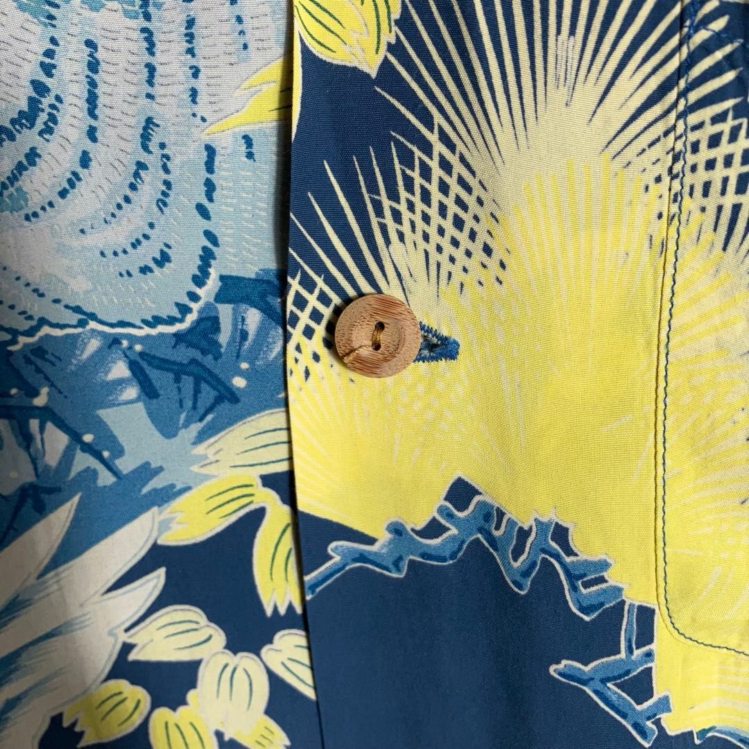 【美品】SUNSURF アロハシャツ 半袖 白虎 鷹 富士山 和柄 青 M