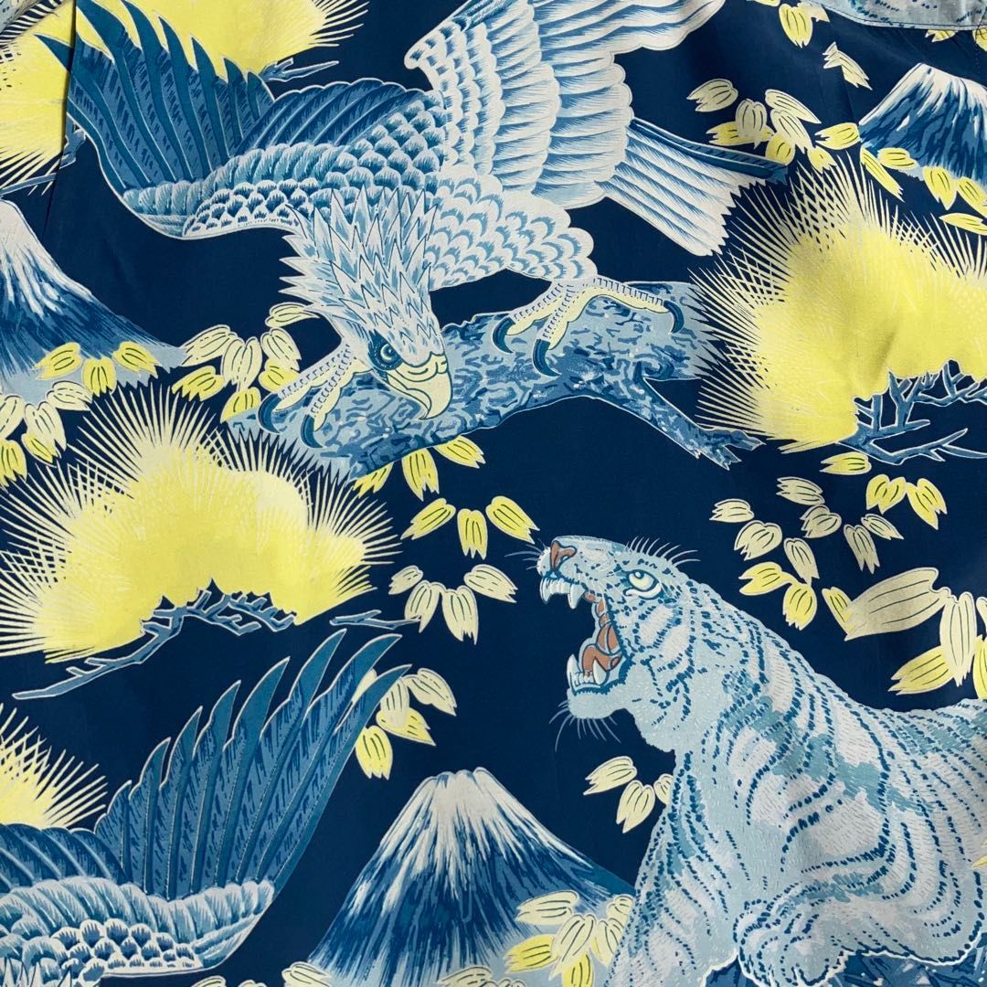 【美品】SUNSURF アロハシャツ 半袖 白虎 鷹 富士山 和柄 青 M