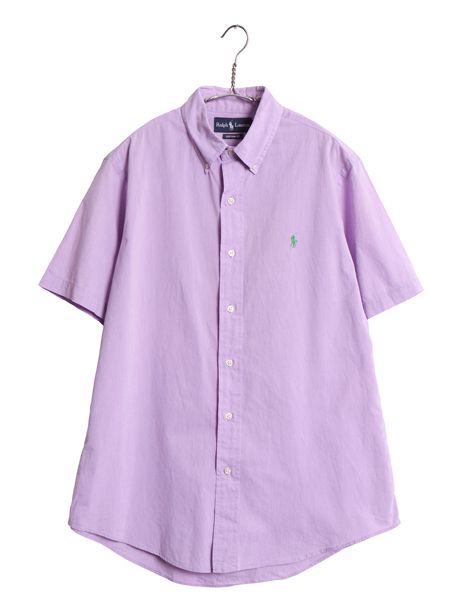 00s ラルフローレン 半袖 ボタンダウン シャツ メンズ M オールド ポロ コットン 半袖シャツ ワイシャツ ワンポイント シンプル スリム 紫
