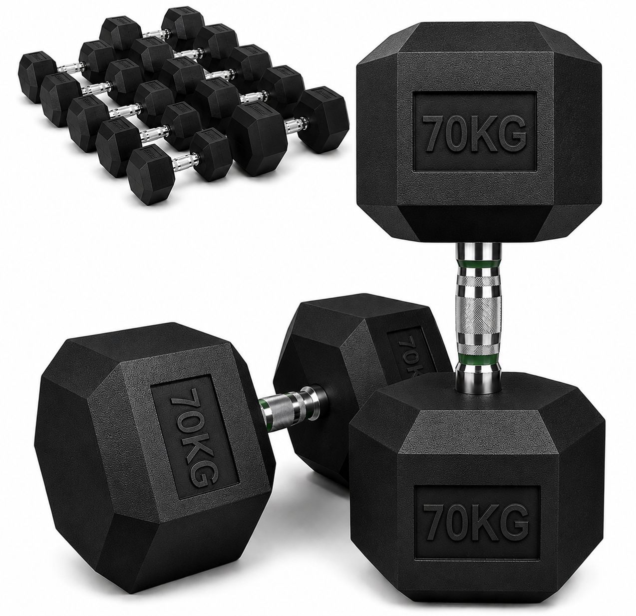 【新品】■全国の大手ジムに多数導入■ 高密度ヘックスダンベル 70kg×2個 六角ダンベル ラバー 筋トレ ベンチプレス 重り 静音・防傷加工 筋トレ器具 HEXダンベル ヘキサゴンダンベル