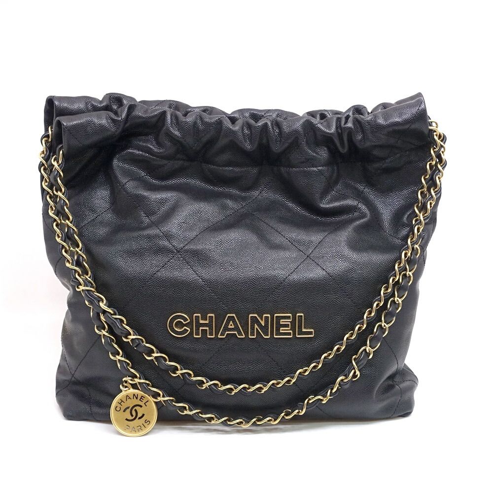 【栄】シャネル CHNEL22 スモール 2WAYバッグ ハンド/ショルダー キャビアスキン ランダムシリアル ブラック ゴールド金具 レディース AS3260