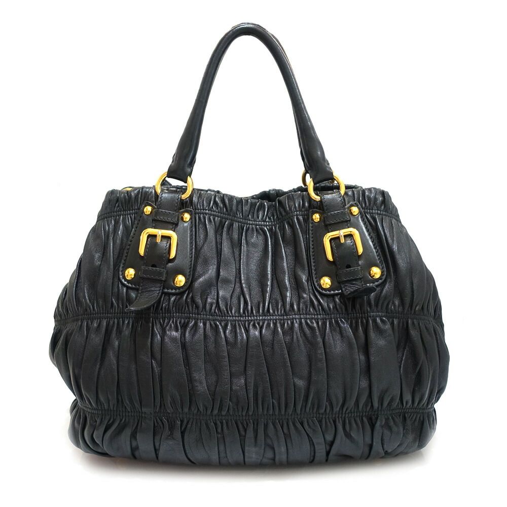 【栄】プラダ ギャザーバッグ 2WAYバッグ ハンド/ショルダー BN1789 レザー ブラック ゴールド金具 レディース