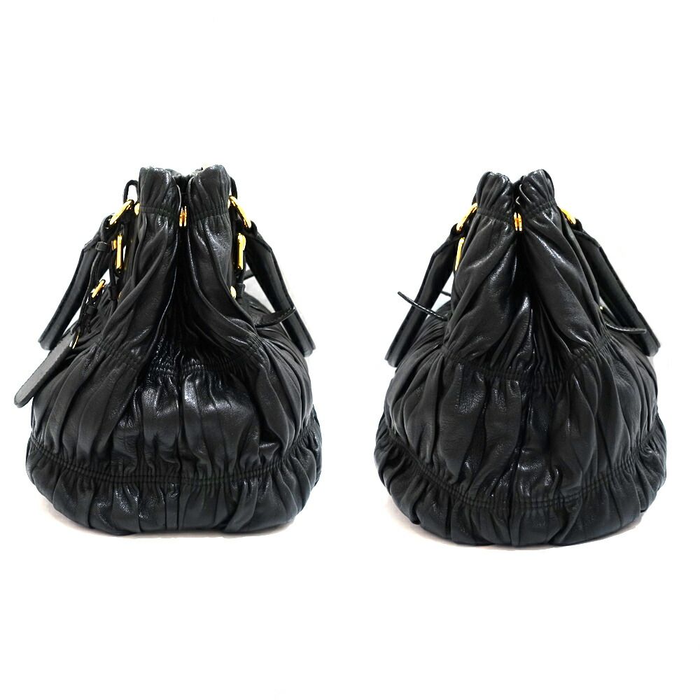 【栄】プラダ ギャザーバッグ 2WAYバッグ ハンド/ショルダー BN1789 レザー ブラック ゴールド金具 レディース