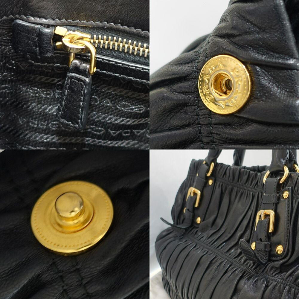 【栄】プラダ ギャザーバッグ 2WAYバッグ ハンド/ショルダー BN1789 レザー ブラック ゴールド金具 レディース