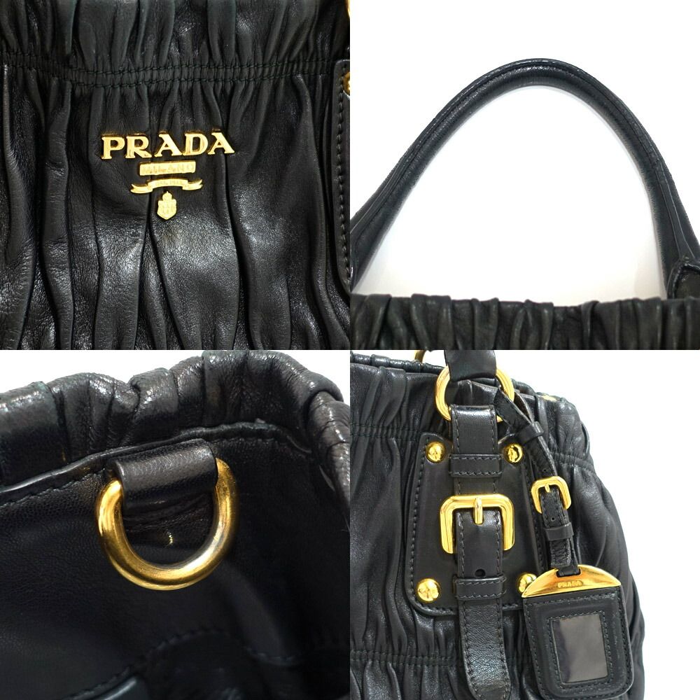 【栄】プラダ ギャザーバッグ 2WAYバッグ ハンド/ショルダー BN1789 レザー ブラック ゴールド金具 レディース