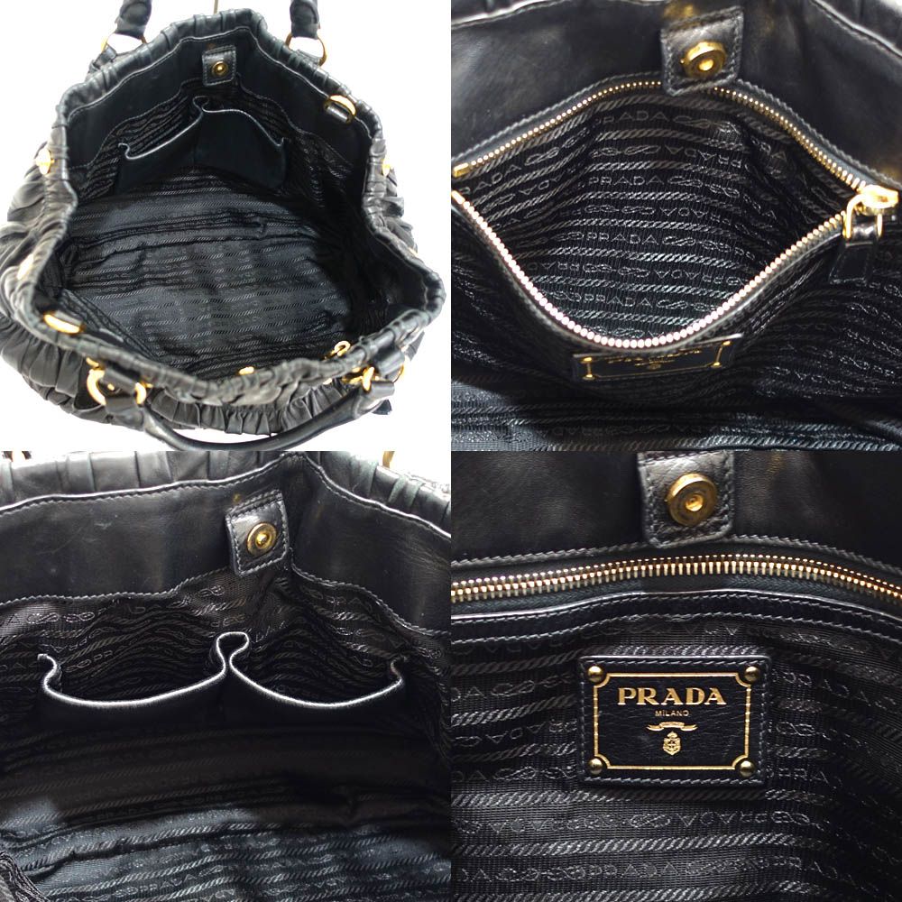 【栄】プラダ ギャザーバッグ 2WAYバッグ ハンド/ショルダー BN1789 レザー ブラック ゴールド金具 レディース