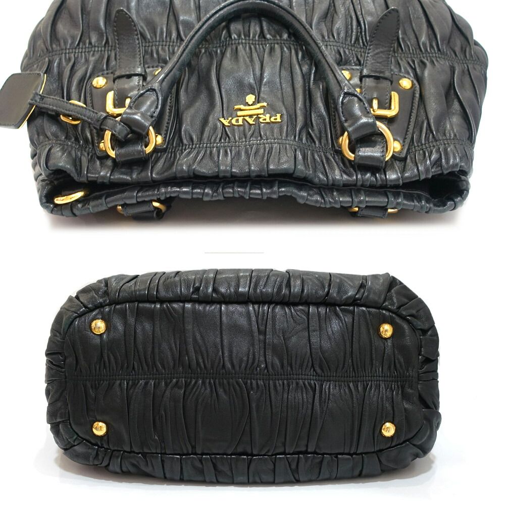 【栄】プラダ ギャザーバッグ 2WAYバッグ ハンド/ショルダー BN1789 レザー ブラック ゴールド金具 レディース